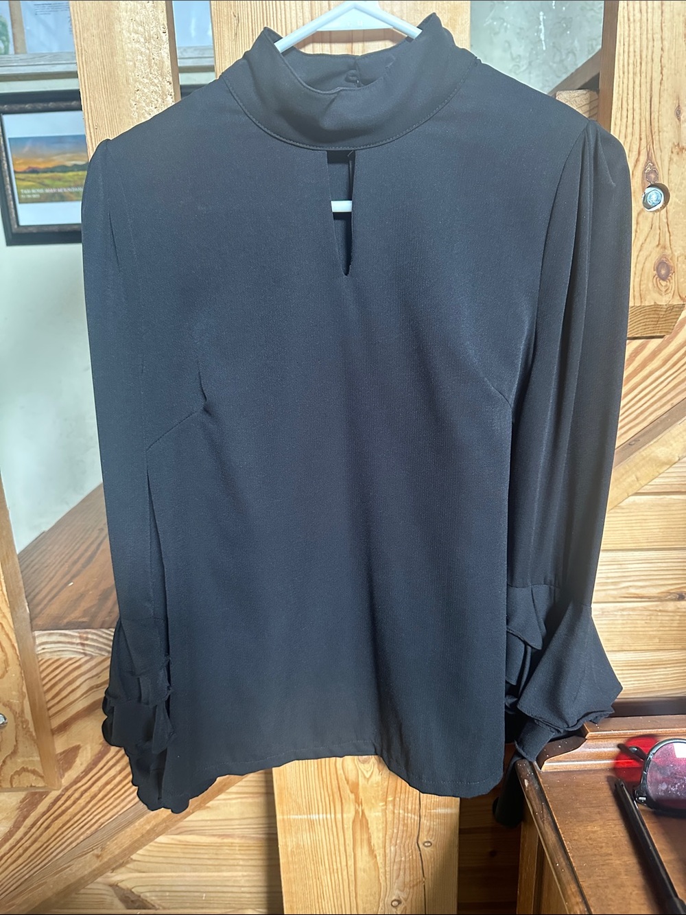Gracia Black Mock Neck Long Sleeve Blouse with Keyhole